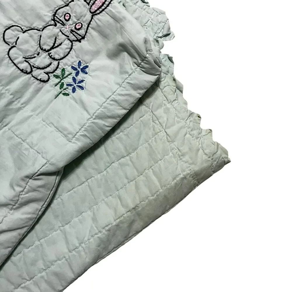 Hand Embroidered Quilt Childrens Mint Green Mid Century Baby Animals 38x68